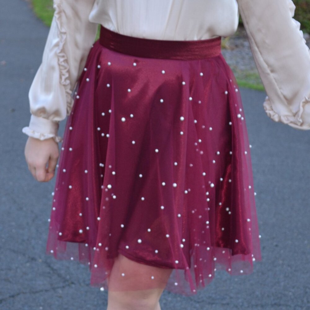 Women's Red Satin and Tulle Pearl Party skirt, Handmade, size M